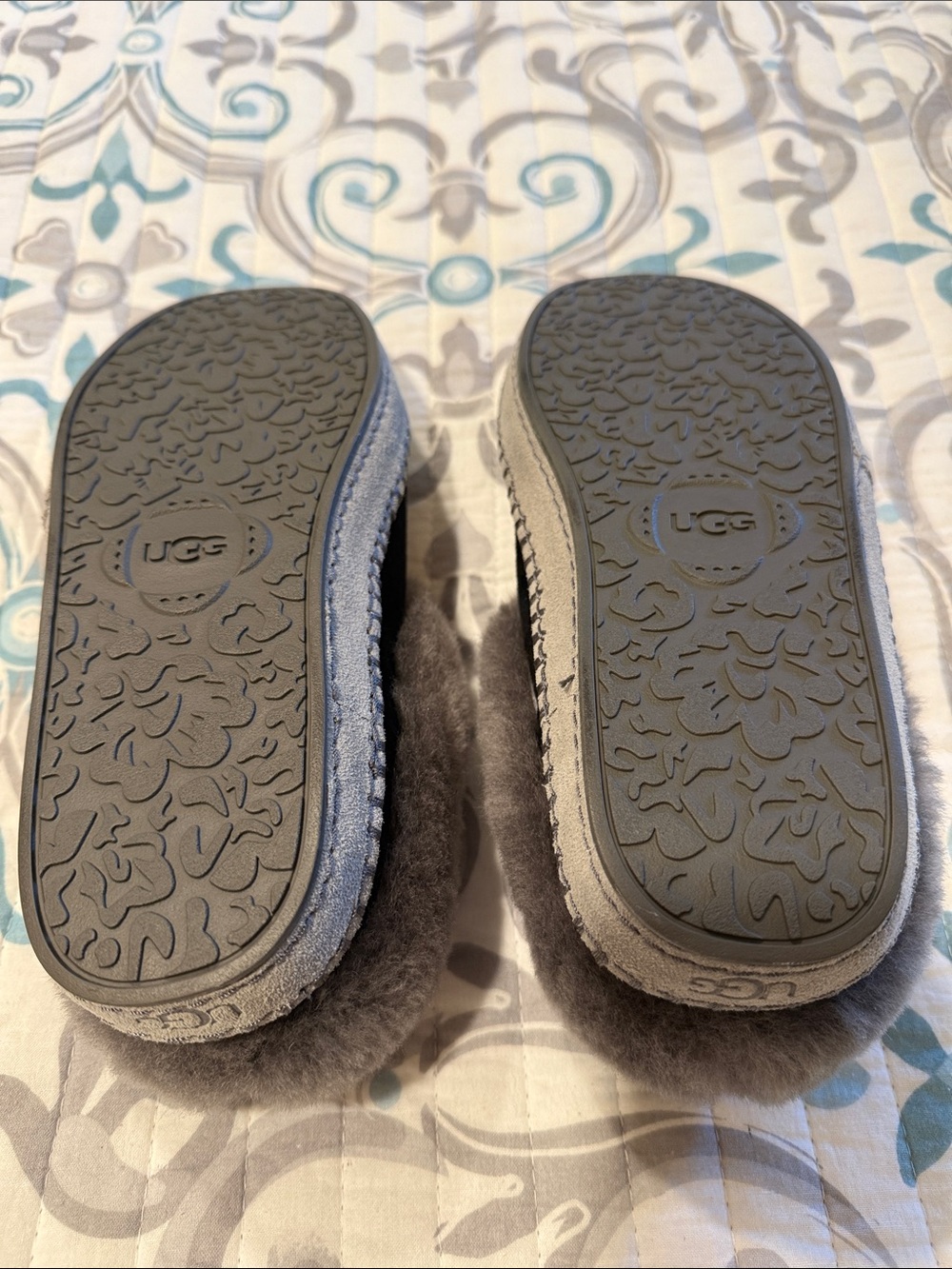 UGG Women’s Black Suede Slippers with Gray Faux Fur Collar - Picture 5 of 7